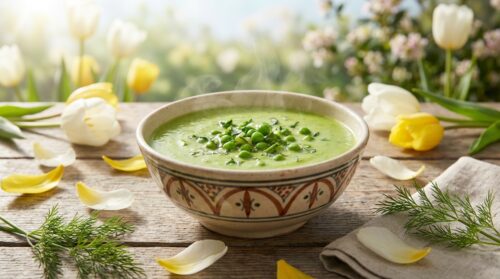Romige, voedzame erwtensoep zonder vet: ideaal voor frisse lentedagen