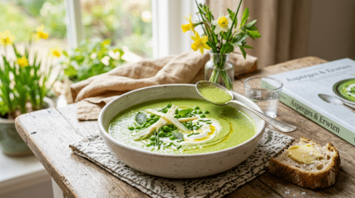 Zachte, verfrissende asperge-doperwtensoep in slechts 30 minuten klaar